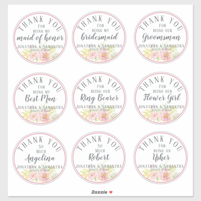 Sticker Merci de mariage Fleur Rose individuel (Feuille)