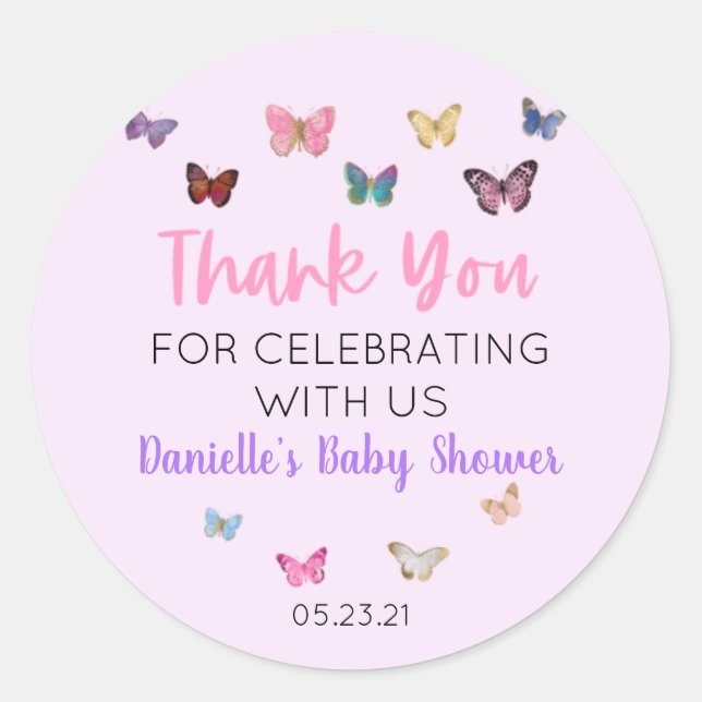 Sticker Merci Papillon rose Favoriser Baby shower (Devant)