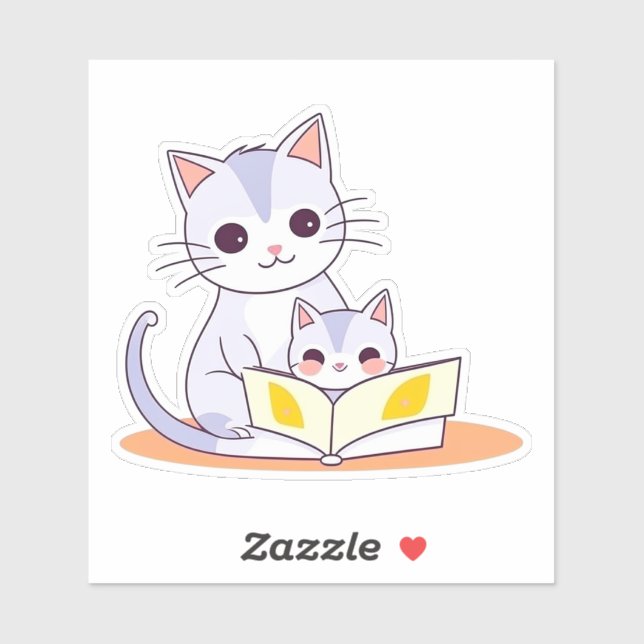 Sticker Mère Chat Lecture de Son Kitten (Feuille)