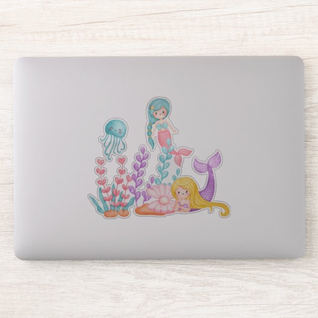 Sticker Mermaids et méduses sous l'aquarelle marine (Ordinateur)