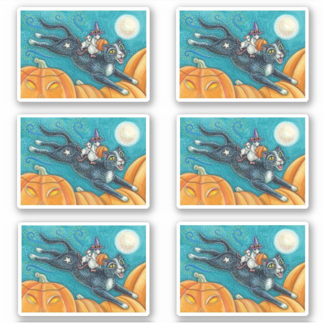 STICKER MICE BLANCHE & CHAT NOIR SUR CHASSE CITROUILLE HAL (Devant)