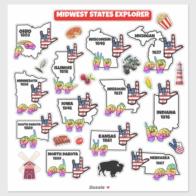 Sticker Midwest Learning Map – ASL & State Symbols (Feuille)