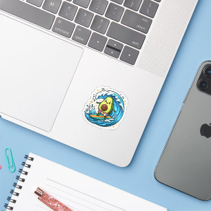 Sticker Mignon Avocat Surfant Kawaii Vague Océanique Été P