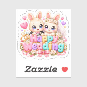 Sticker Mignon Kawaii Joyeux Mariage Lapin Couple Pastel R