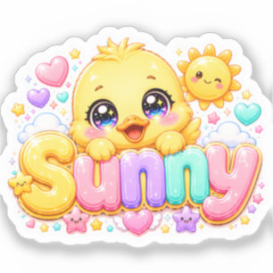 Sticker Mignon Kawaii Sunny Chick Nom Pastel Rose Pailleté