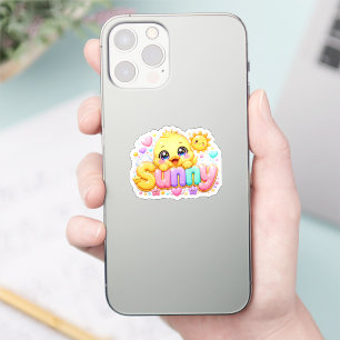 Sticker Mignon Kawaii Sunny Chick Nom Pastel Rose Pailleté