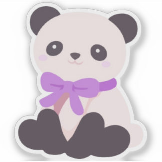 Sticker Mignon Panda Assis Ruban Violet Vinyle Kawaii