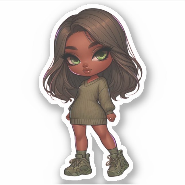 Sticker mignonne chibi fille en vert olive (Devant)