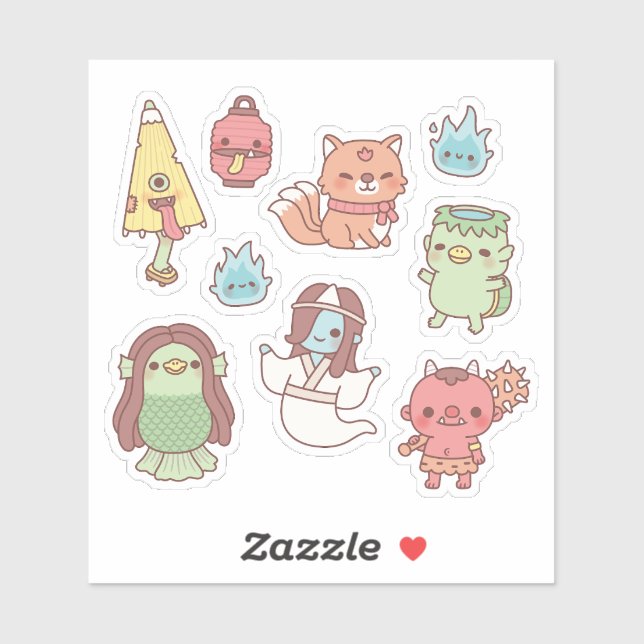 Sticker Mignonne Japonaise Yokai Démons Et Esprits (Feuille)