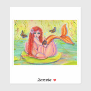 Sticker Mignonne petite sirène à tête rouge par Renee Lavo