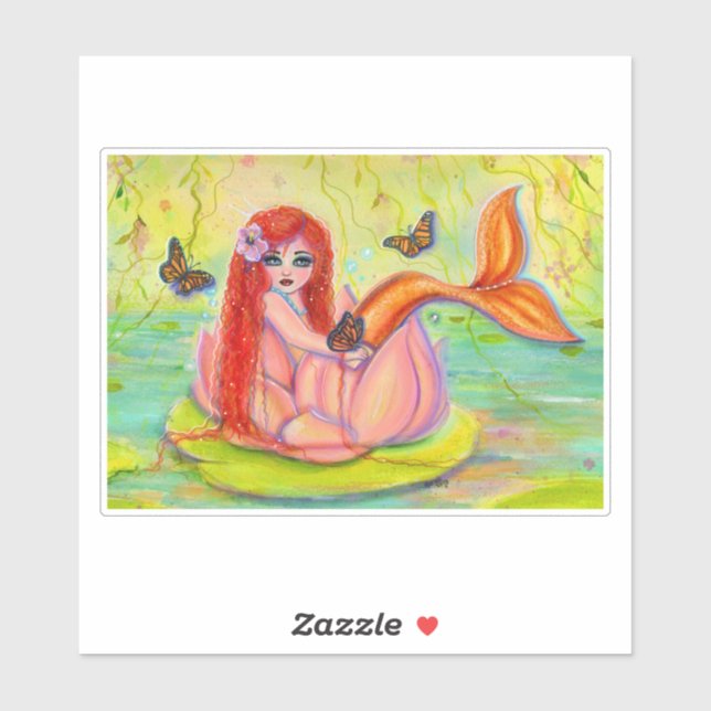 Sticker Mignonne petite sirène à tête rouge par Renee Lavo (Feuille)