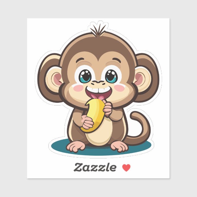 Sticker Mignonne Singe Bébé Avec Sa Banane De Repas Préfér (Feuille)
