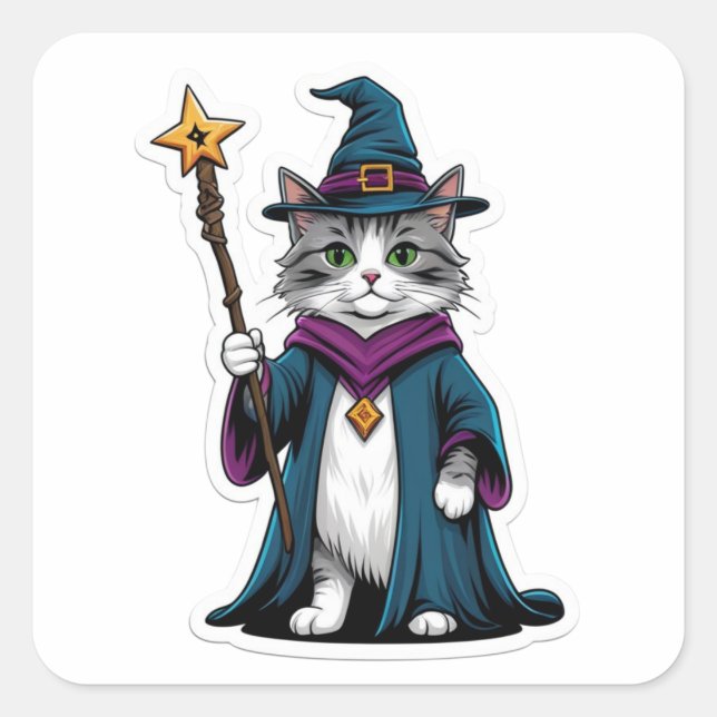 Sticker Mini-Zauberkatze mit magischem Stab (Vorderseite)