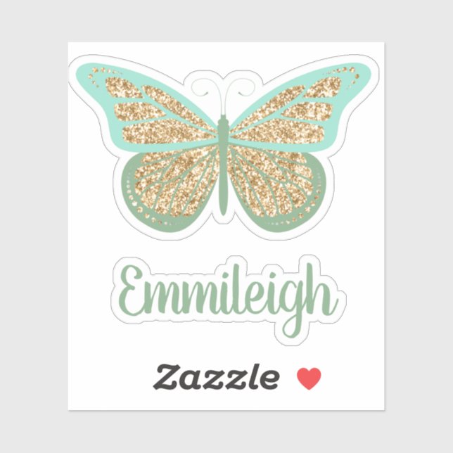 Sticker Mint Green Glittery Gold Butterfly Name (Feuille)
