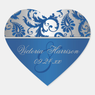 Sticker mit Silber- und Blauer Damast Herz geformt