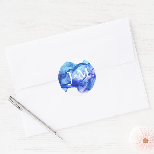 Sticker Monogram Mariage Abstrait en soie bleu (Enveloppe)