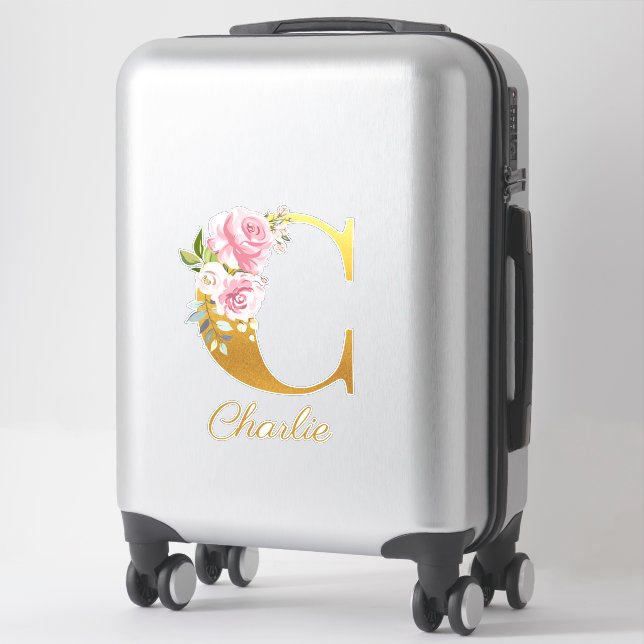 Sticker Monogramme floral Lettre initiale C Nom personnali (Sur valise)