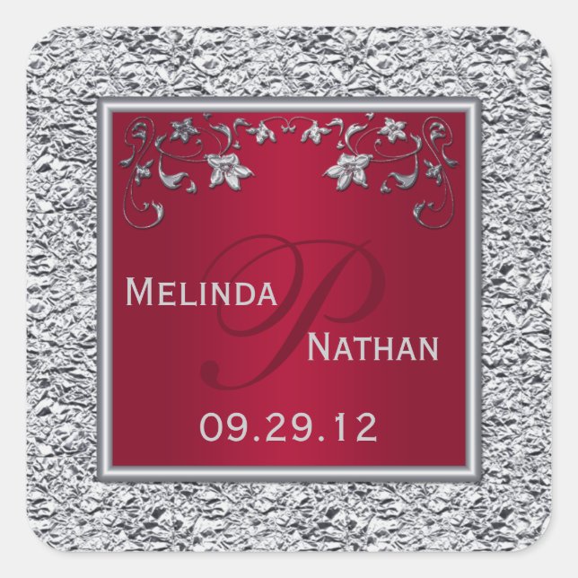 Sticker Monogramme Floral Rouge, Argent Imprimé (Devant)