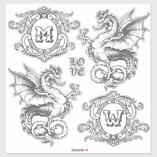Sticker Monogramme Imaginaire Dragon Médiéval Cadres Ornat