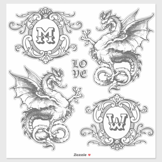 Sticker Monogramme Imaginaire Dragon Médiéval Cadres Ornat (Feuille)