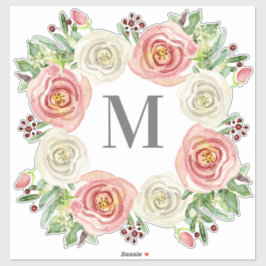 Sticker Monogramme M Mariage Aquarelle Rose Floral Wreath