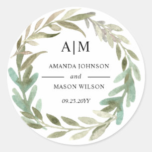 Sticker Monogramme Mariage de feuillage vert aquar