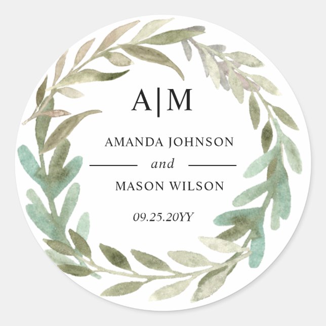 Sticker Monogramme Mariage de feuillage vert aquar (Devant)
