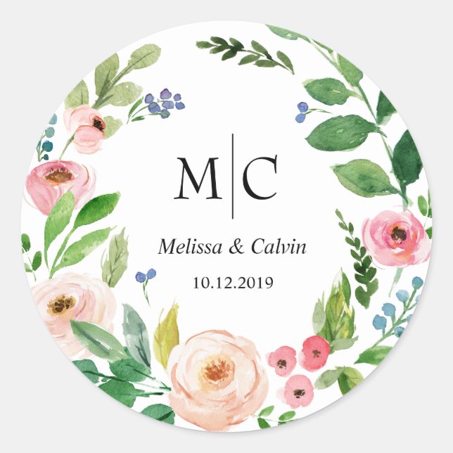 Sticker Monogramme Mariage Floral / Étiquette (Devant)
