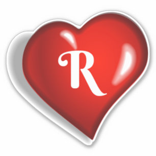 Sticker Monogramme R, script blanc sur coeur rouge rubis