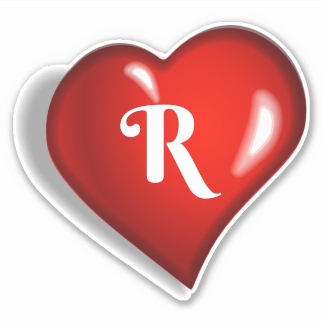 Sticker Monogramme R, script blanc sur coeur rouge rubis (Devant)