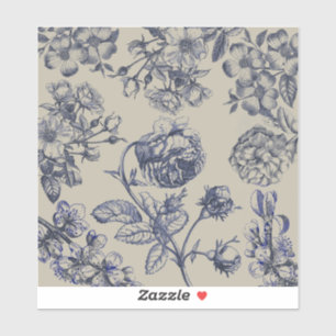 Sticker Motif floral botanique toile bleue vintage antique