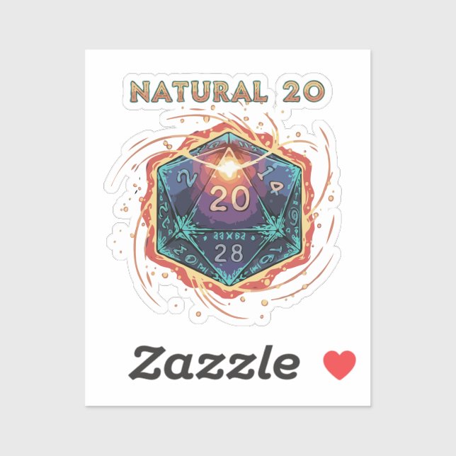 Sticker Natural 20 Flaming D20 Dice | Epic D&D Critical   (Feuille)