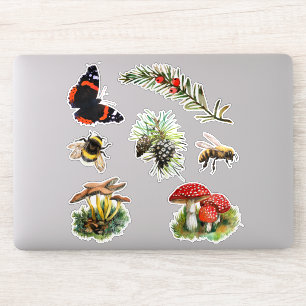 Sticker Nature champignons boisés, abeilles, papillon