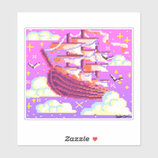 Sticker Navire volant Pixel rose et violet