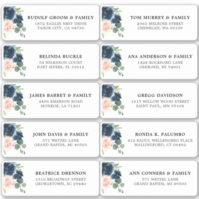 Sticker Navy Blue Blush Floral Mariage Adresse d'hôte (Devant)