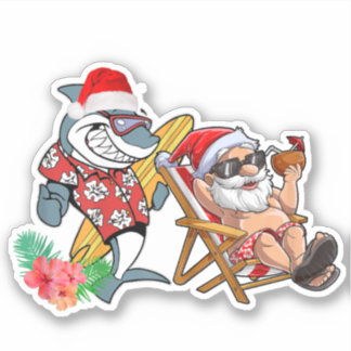 Sticker Noël en été Père Noël Shark Hawaiian Surfing