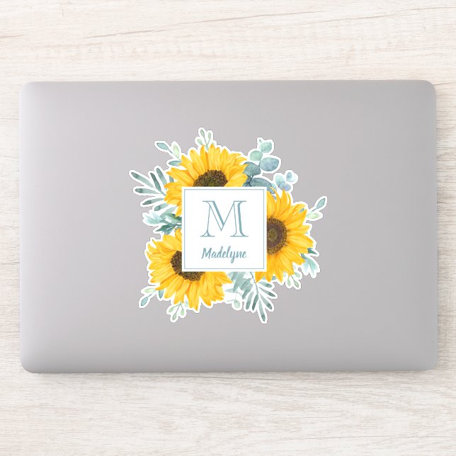 Sticker Nom du monogramme de tournesol personnalisé (Ordinateur)