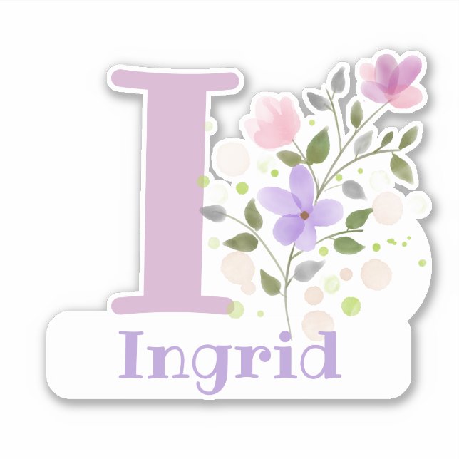 Sticker Nom Ingrid & Initial avec design floral (Devant)