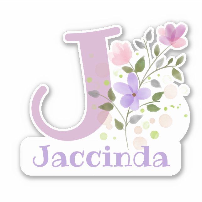 Sticker Nom Jaccinda plus Initial avec Floral Design (Devant)