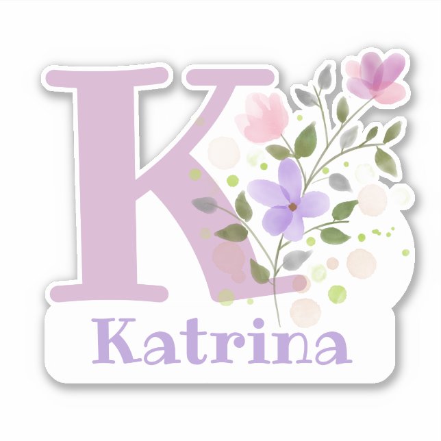 Sticker Nom Katrina plus Initial avec motif floral (Devant)