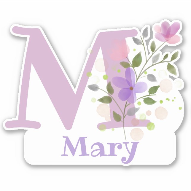 Sticker Nom Mary plus Initial avec Floral Design (Devant)