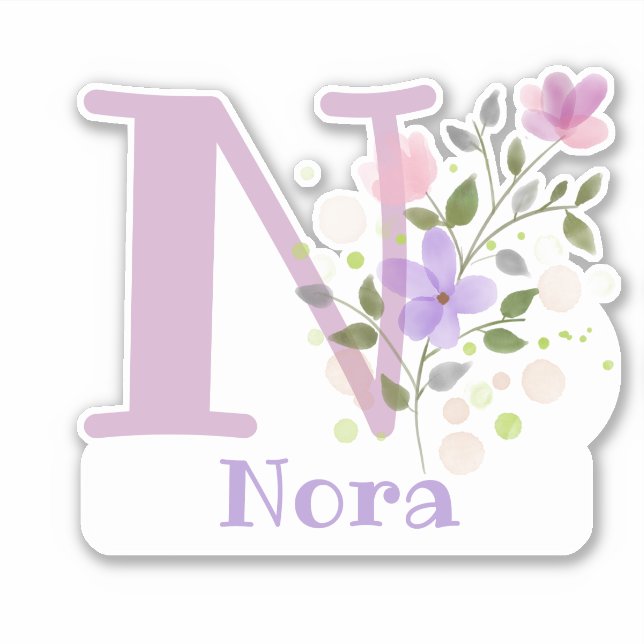 Sticker Nom Nora & Initial avec design floral (Devant)