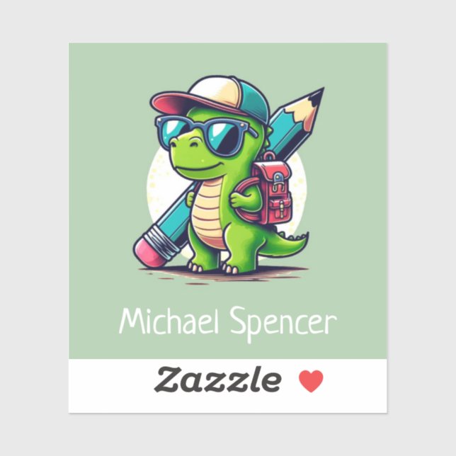 Sticker Nom personnalisé Cute Boys Dinosaur Green (Feuille)