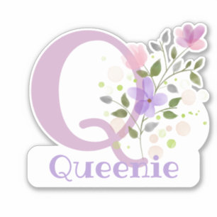 Sticker Nom Queenie & Initiale avec Design Floral