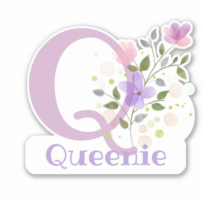 Sticker Nom Queenie & Initiale avec Design Floral (Devant)