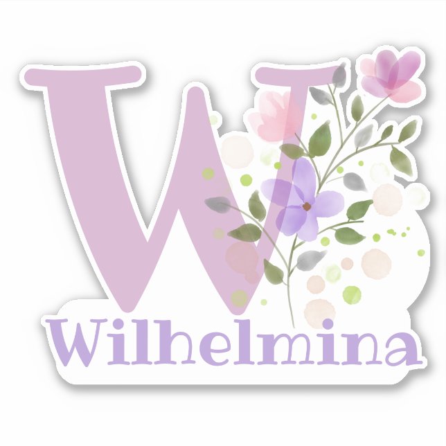 Sticker Nom Wilhelmina & Initial avec design floral (Devant)