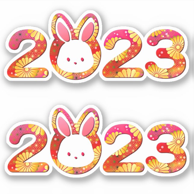 Sticker Nouvel An chinois 2023 Année du lapin rose floral (Devant)