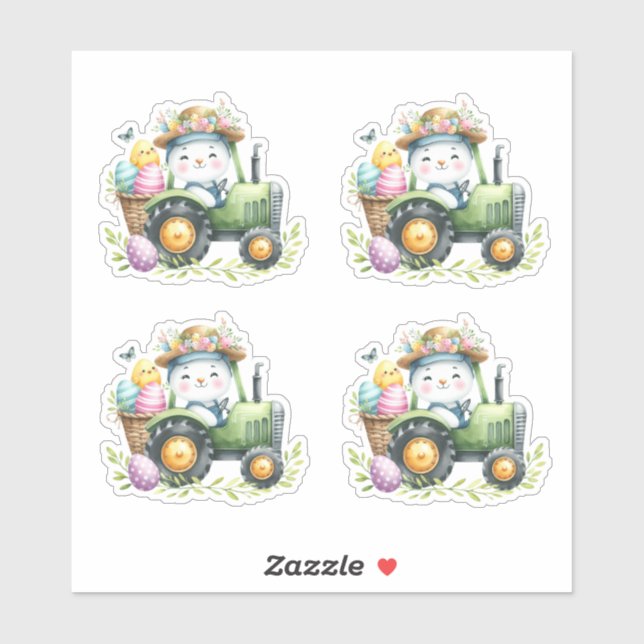 Sticker OEufs de tracteur de lapin vert de Pâques (Feuille)