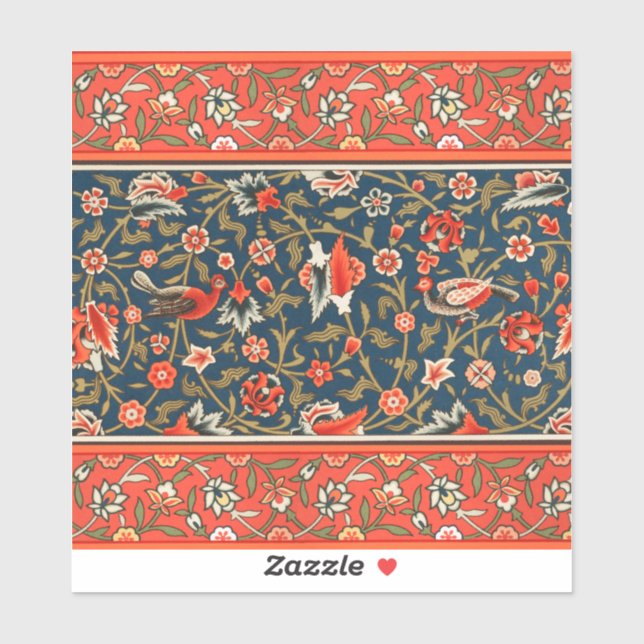 Sticker Oiseau et fleurs Perse Motif bleu rouge (Feuille)