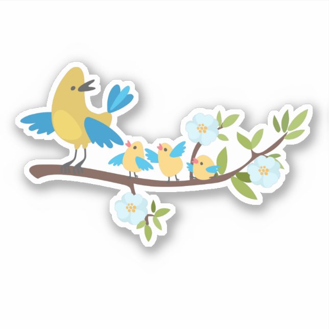 Sticker Oiseau jaune avec poussins sur une branche fleurie (Devant)
